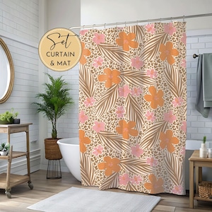 Tropical Boho Shower Curtain Hawaii Flower Bath Curtain Palm Leaf Shower Cover Beige Boho Set Bath Mat Shower Curtain Set for Boho Bathroom