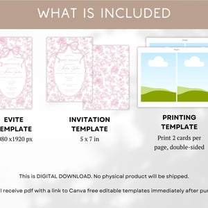 May include: Digital baby shower invitation templates. Includes Evite template, invitation template (5 x 7 in), and printing template. The Evite template is 1080 x 1920 px. The printing template prints two cards per page, double-sided.