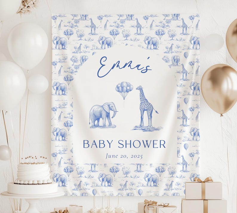 Blue Toile Custom Wall Tapestry Baby Shower Dusty Blue Decor Baby Shower Baby Boy Wall Decoration Blue Chinoiserie Baby Shower Wall Tapestry