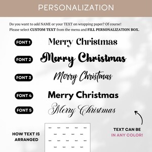 Puede incluir: Una gu&iacute;a de personalizaci&oacute;n para papel de regalo que muestra cinco estilos de fuente distintos para el texto Merry Christmas. Incluye instrucciones para seleccionar texto personalizado y un diagrama de la disposici&oacute;n repetitiva.