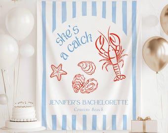 She's a Catch Bachelorette Banner Lobster Bridal Shower Backdrop Personalized Sign