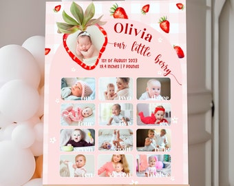 First Year Photo Milestone Board Canva Template Berry First Year Photo Sign Strawberry 1st Birthday Celebration Board with Photo Baby Girl