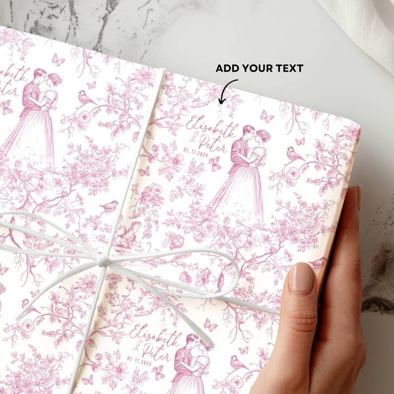 Wedding Toile Pink Wrapping Paper Personalized Mr and Mrs