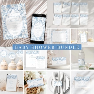 Baby Boy in Bloom Shower Editable Set Dusty Blue Flower Baby Shower Bundle Chinoiserie Floral Shower Bundle Canva Template Elegant Bow Print