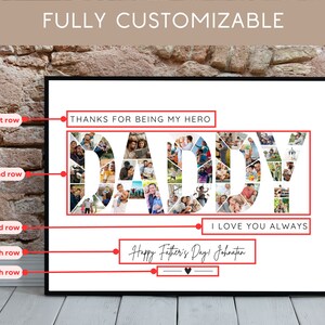 Może przedstawiać: Biały kolaż zdjęć z napisem "DADDY" napisanym zdjęciami. Zdjęcia są ułożone w geometryczny wz&oacute;r. Tekst "THANKS FOR BEING MY HERO" znajduje się nad napisem "DADDY". Tekst "I LOVE YOU ALWAYS" znajduje się pod napisem "DADDY". Tekst "Happy Father's Day! Johnatan" znajduje się pod tekstem "I LOVE YOU ALWAYS".