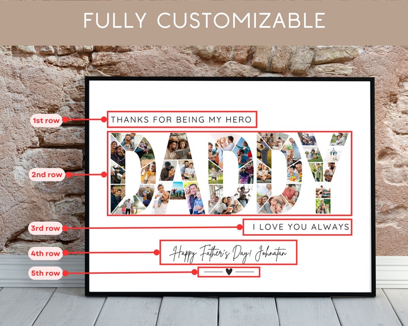 Może przedstawiać: Biały kolaż zdjęć z napisem "DADDY" napisanym zdjęciami. Zdjęcia są ułożone w geometryczny wz&oacute;r. Tekst "THANKS FOR BEING MY HERO" znajduje się nad napisem "DADDY". Tekst "I LOVE YOU ALWAYS" znajduje się pod napisem "DADDY". Tekst "Happy Father's Day! Johnatan" znajduje się pod tekstem "I LOVE YOU ALWAYS".