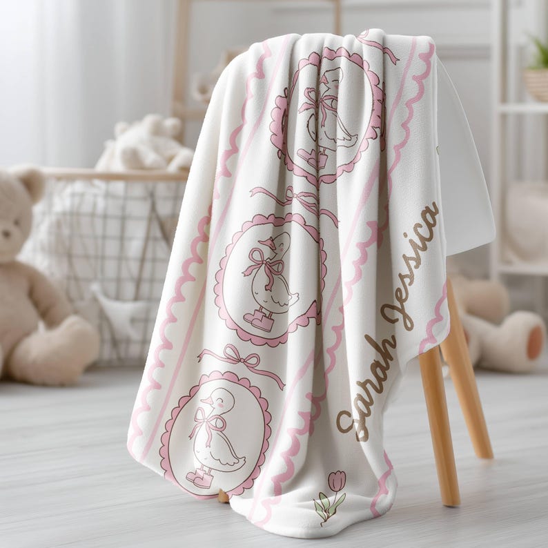 Personalized Silly Goose Woven Blanket Heirloom Baby Girl Gift Pink Goose Nursery Decor Custom 1st Birthday Keepsake Throw image 7