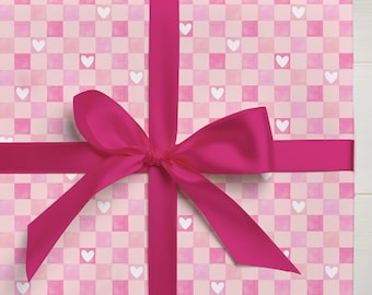 Pink Checkered Wrapping Paper with Hearts Birthday Gift Wrap Valentine's Day Gift Wrapping Paper Roll for Her
