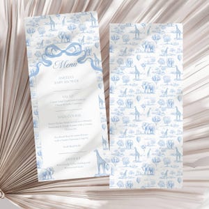 Blue Toile Baby Shower Menu Template Safari Baby Shower Brunch Menu Card Elegant Toile de Jouy Lunch Menu Printable Template Baby Shower