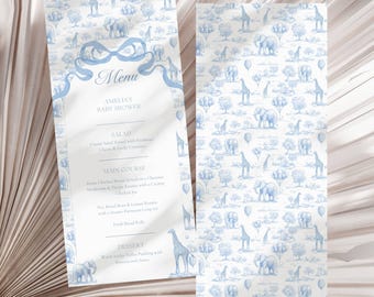 Blue Toile Baby Shower Menu Template Safari Baby Shower Brunch Menu Card Elegant Toile de Jouy Lunch Menu Printable Template Baby Shower