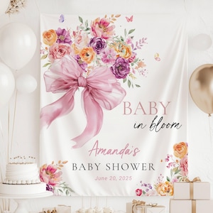 Baby in Bloom Baby Shower Decoration Custom Baby in Bloom Backdrop Pink Bow Photo Backdrop Spring Garden Shower Banner Floral Shower Sign
