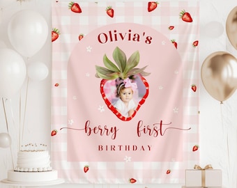 Aardbei 1e verjaardag achtergrond Berry eerste verjaardag bord Sweet One Party Banner