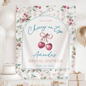 Custom Cherry On Top Bridal Shower Sign Cherry On Top Bachelorette Backdrop Bow Coquette Bridal Shower Banner Summer Bach Party Decor Cherry