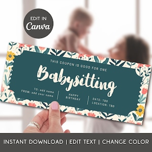 Wildflower Custom Babysitting Kupon na prezent dla mamy Baby Shower Voucher na prezent Edytowalny szablon Niestandardowy tekst Kupon Bilet na opiekę nad dziećmi Floral Babysitting