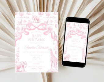 Baby Girl Shower Invitation Template Luxury Dior Style Blush Pink Digital Invitation Pink Toile Safari Invite DIY Canva Template Baby Shower