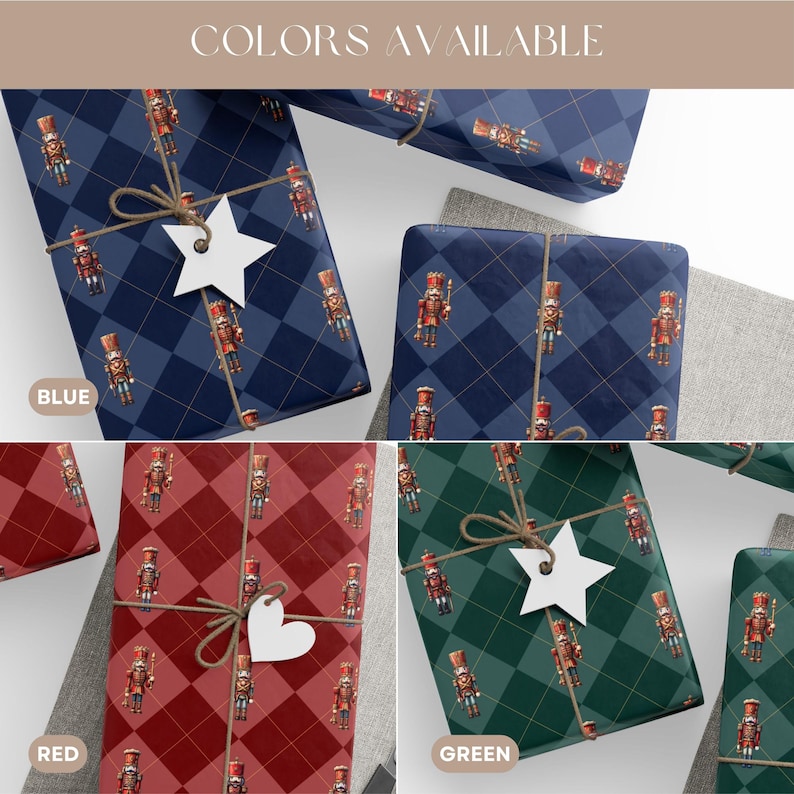 May include: Wrapping paper featuring a repeating nutcracker pattern on blue, red, and green backgrounds with a diamond grid. The paper is tied with twine and includes white star or heart-shaped gift tags. Text reads COLORS AVAILABLE.