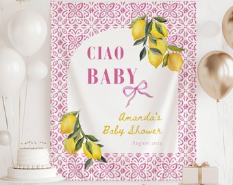Amalfi Küste Baby Shower Banner Rosa Ciao Baby Backdrop Italienisch Baby Shower Wandteppich Baby Shower Italien Lemon Banner mediterran Zeichen