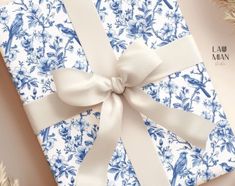 Blue Chinoiserie Wrapping Paper Blue Floral Toile Gift Wrap Roll Blue White Bird Present Wrap Baby Shower Wedding Gift Wrap Bridal Shower