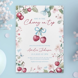 Cherry On Top Baby Shower Invite | Coquette Cherry Blossom | Editable Watercolor Template