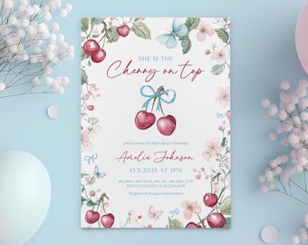 Cherry Baby Shower Invite Cherry On Top Invitation Pink Bow Coquette Invite Trendy Cherry Invitation Spring Cherry Blossom Invite Template
