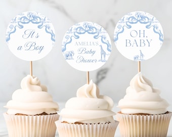 Blue Toile Baby Shower Cupcake Topper Printable Template Blue Toile Cake Dessert Decor Oh Boy Cupcake Editable Oh Boy Decoration Blue Shower