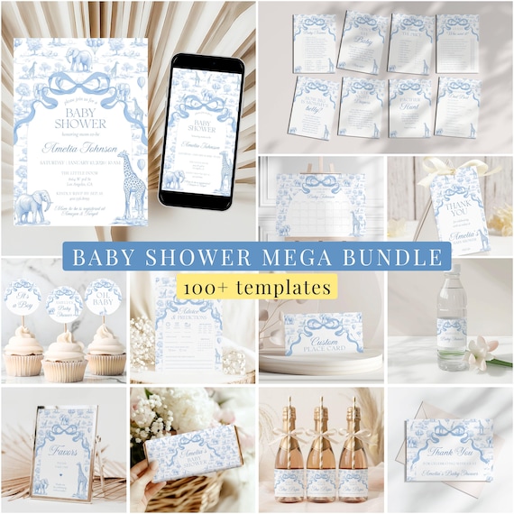 Blue Toile Baby Shower Bundle Boy Baby Shower Decor Elegant Chinoiserie Safari Baby Shower Editable Template Canva Baby Shower Printables