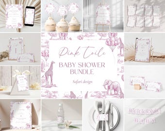 Pink Toile Baby Shower Bundle Girl Baby Shower Decor Elegant Chinoiserie Safari Baby Shower Editable Template Canva Baby Shower Printables