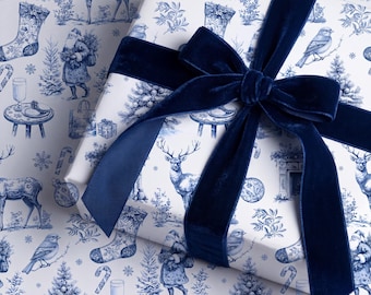 Blue Christmas Toile Wrapping Paper Vintage Gift Wrap Holiday Present Roll Elegant French Country Luxury Christmas Paper