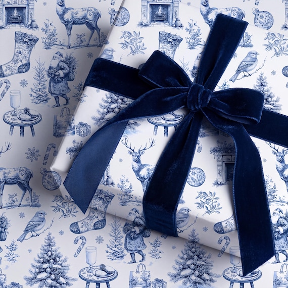 Blue Christmas Toile Wrapping Paper Vintage Gift Wrap Holiday Present Roll Elegant French Country Luxury Christmas Paper