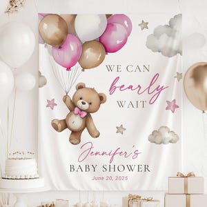 Custom Pink Bearly Wait Banner Pink Baby Girl Baby Shower Backdrop Pink Balloon Teddy Sign Pink Bear Baby Shower We Can Nearly Wait Pink