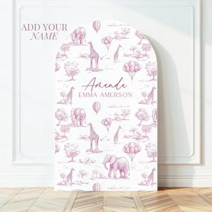 Panel de arco de safari en toile rosa personalizado, decoración gigante para baby shower, telón de fondo con arco de toile rosa para baby shower de niña, cartel para baby shower