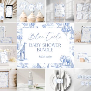 Blue Toile Baby Shower Bundle Boy Baby Shower Decor Elegant Chinoiserie Safari Baby Shower Editable Template Canva Baby Shower Printables