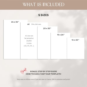 May include: An image showing five different sizes of printable templates, including 24 x 36 inches, A1 (594 x 841 mm), 20 x 30 inches, 18 x 24 inches, and 16 x 20 inches. Text indicates the A1 size can be printed at smaller A sizes. Additional text provides a step-by-step guide.