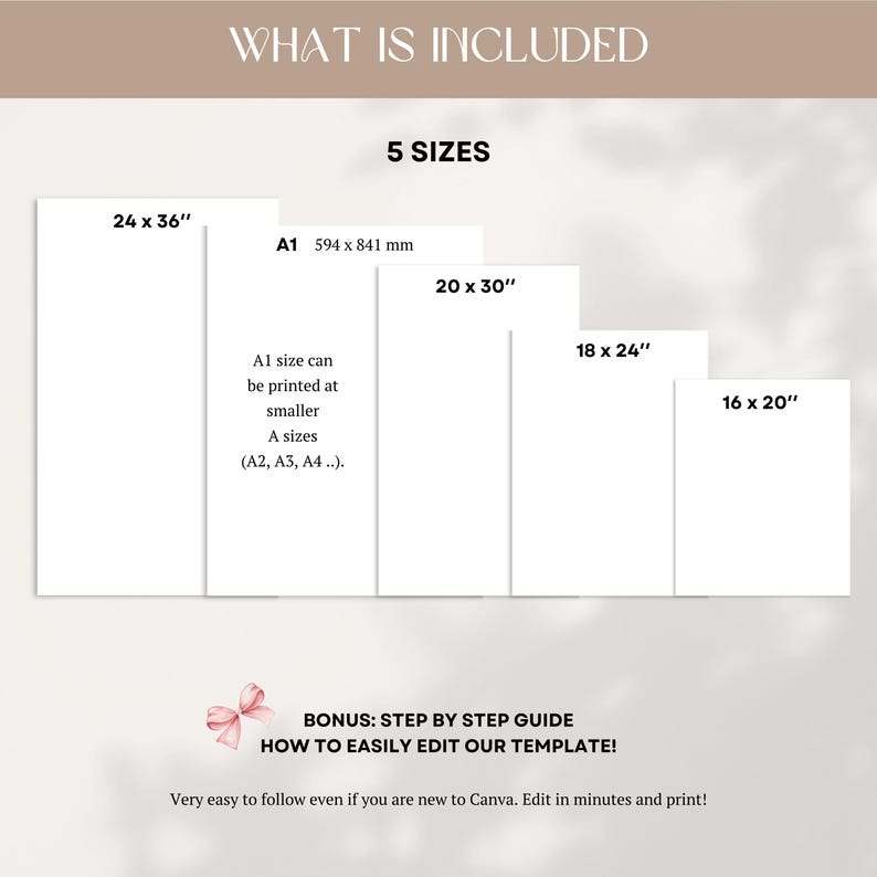 May include: An image showing five different sizes of printable templates, including 24 x 36 inches, A1 (594 x 841 mm), 20 x 30 inches, 18 x 24 inches, and 16 x 20 inches. Text indicates the A1 size can be printed at smaller A sizes. Additional text provides a step-by-step guide.