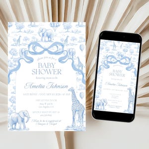 Toile Baby Shower Invitation Blue Baby Shower Party Invite Safari Baby Shower Evite Editable Canva Template Invitation Elegant Baby Shower