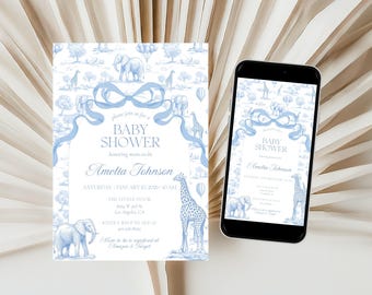 Toile Baby Shower Invitation Blue Baby Shower Party Invite Safari Baby Shower Evite Editable Canva Template Invitation Elegant Baby Shower