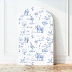 Fondo de arco para baby shower, elegante fondo azul Toile de Jouy, decoración para baby shower, arco de estilo chinoiserie con diseño de safari, accesorio imprimible para fiesta de baby shower