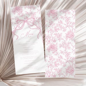Modèle de menu brunch floral rose Carte de menu déjeuner bébé en fleurs Menu fleuri modifiable Carte brunch baby shower Carte de menu élégante avec noeud rose