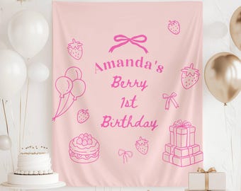 Berry First Birthday Banner: Personalized 1st Birthday Party Decor, Strawberry, Lineart