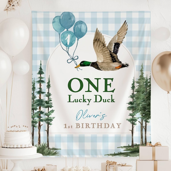 Sfondo per baby shower a tema "Un'anatra fortunata" - Striscione personalizzato per il primo compleanno - Decorazione per la festa del primo compleanno con anatroccolo - Anatra selvatica