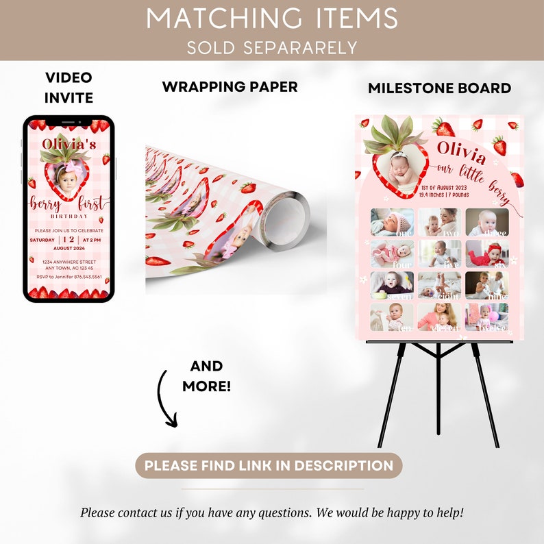 May include: A display of matching baby shower items, including a video invite, wrapping paper, and a milestone board. The items feature a strawberry theme with the text "Olivia's berry first birthday". The milestone board is on a black easel.