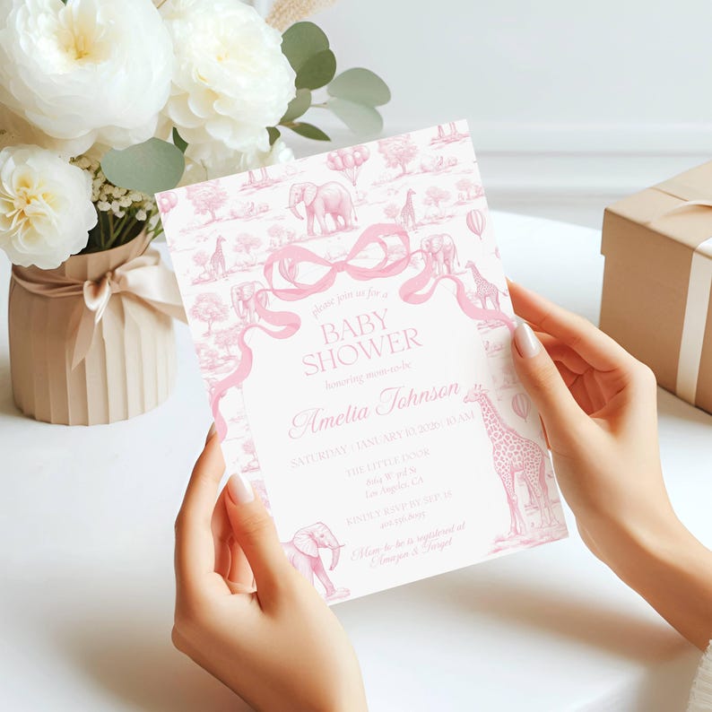 Baby Girl Shower Invitation Template Luxury Dior Style Blush Pink Digital Invitation Pink Toile Safari Invite DIY Canva Template Baby Shower image 7