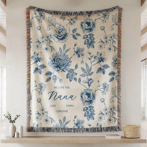 Personalized Nana Woven Blanket Blue Floral Throw Blanket for Grandma with Grandkid Names Personalized Nana Gift for Christmas or Birthday