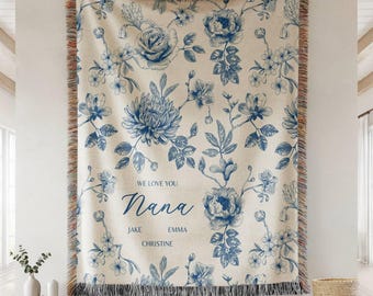 Personalized Nana Woven Blanket Blue Floral Throw Blanket for Grandma with Grandkid Names Personalized Nana Gift for Mothers Day or Birthday