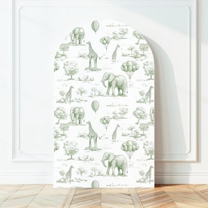 Arco de fondo para baby shower, telón de fondo verde salvia Toile de Jouy, decoración para baby shower, arco de estilo chinoiserie con estampado de animales para fiesta de baby shower