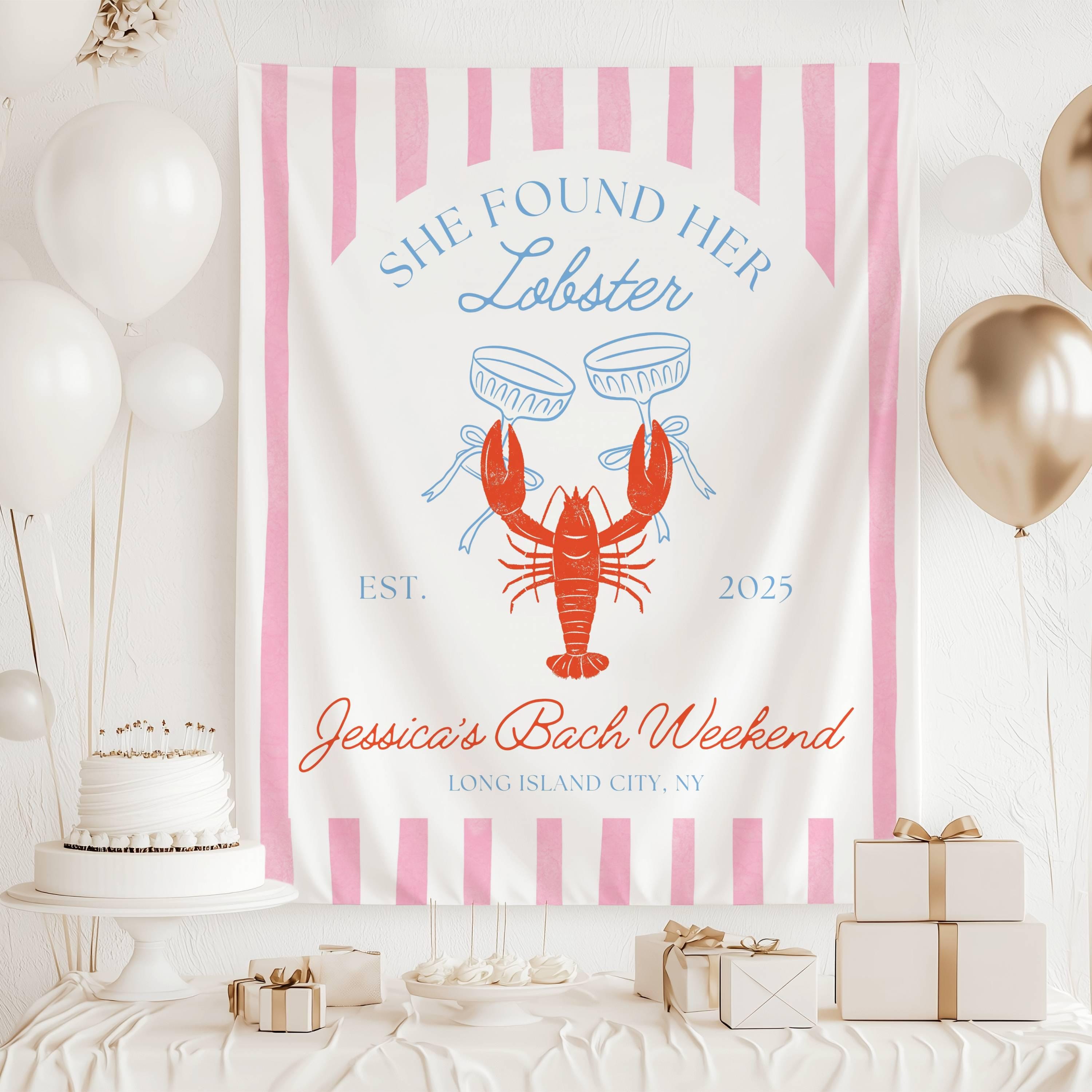 彼女はロブスターバナーを見つけました。カスタムマリンバチェロレッテ背景、夏のビーチシャワーデコレーション、沿岸ロブスターバッチサイン、パーソナライズされたタペストリー  - Etsy 日本, image size:3000x3000