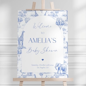 Blue Toile Baby Shower Welcome Sign Chinoiserie Boy Baby Shower Welcome Sign Editable Template Canva Welcome Sign Toile Baby Shower Decor