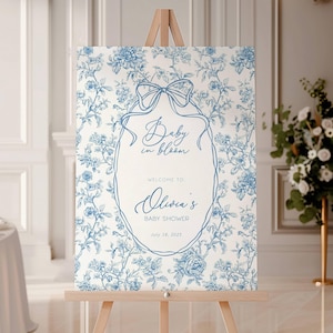 Baby in Bloom Welcome Sign Blue Floral Welcome Sign Template 18x24 Shower Welcome Sign Dusty Blue Shower Sign Garden Shower Welcome Board