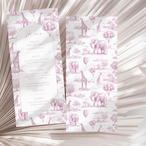 Modelo de cardápio para chá de bebê em toile rosa Safari Cartão de cardápio para brunch de chá de bebê Elegante modelo de cardápio para almoço em toile de jouy para impressão Chá de bebê