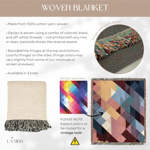 May include: Woven blanket made from 100% cotton yarn. Features black and white fringes at the top and bottom, with colorful fringes on the sides. The design is woven with colored, black, and off-white threads. Available in 3 sizes.